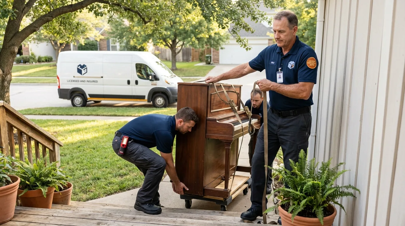 Licensed piano movers securing grand piano in Trinity, AL