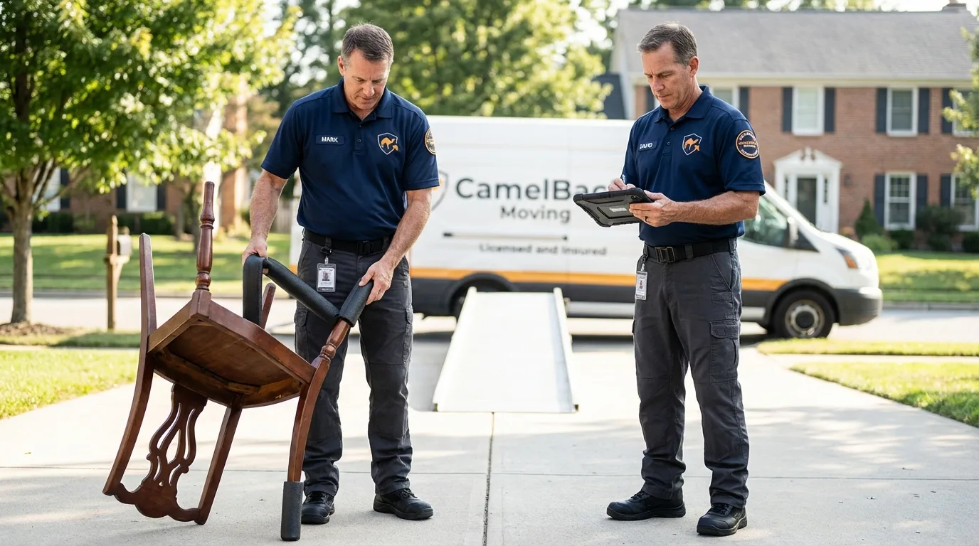 Movers inspecting furniture for damage prevention before loading in Trinity, AL