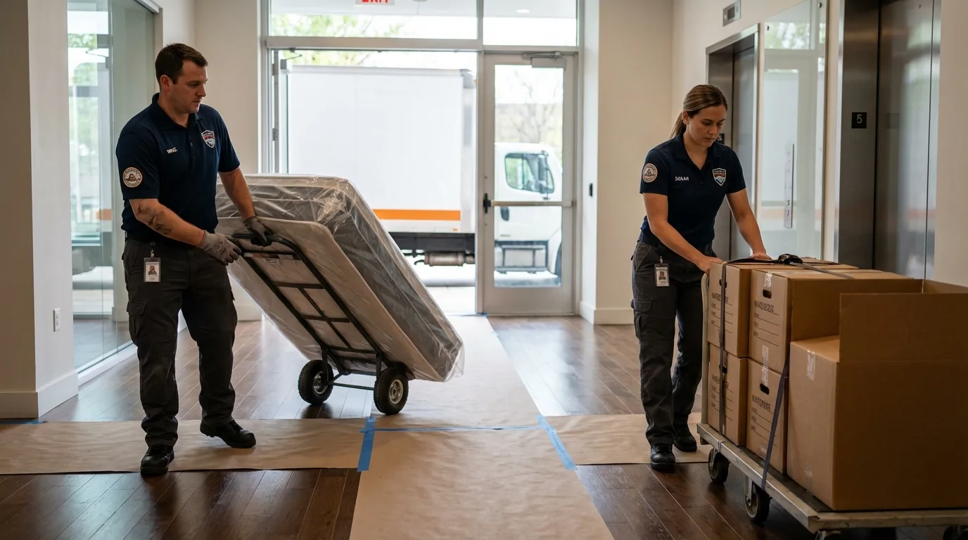 Professional apartment movers loading elevator in Trinity, AL